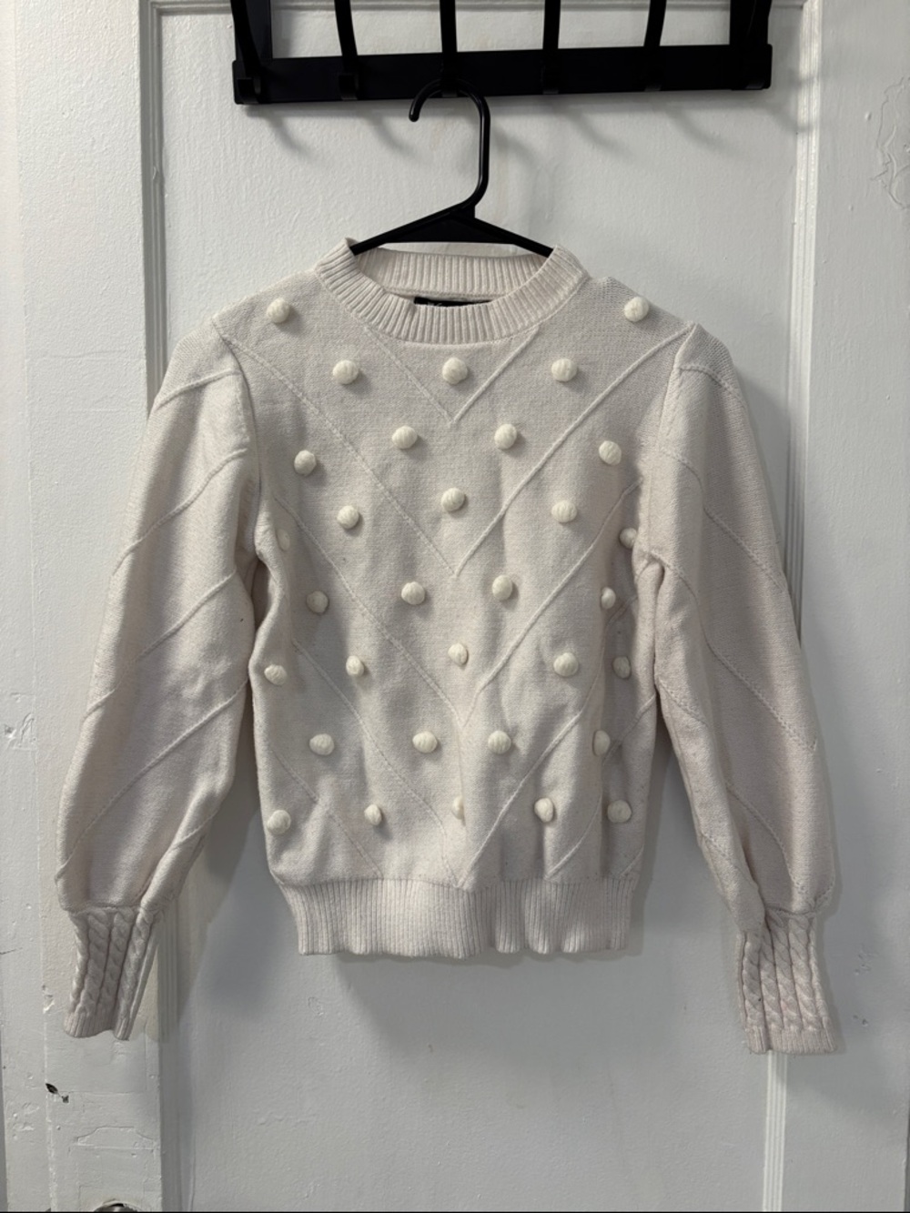 Simplee Apparel Cream Pom-Pom Crewneck Sweater medium